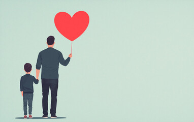 Father and Son Holding Hands with Red Heart Balloon on Light Background