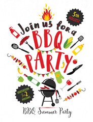 Barbecue,  party invitation on white background with symbols of bbq.