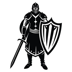Fototapeta premium Medieval Knight Silhouette Vector with Sword and Shield, Knight in armor holding a sword and shield