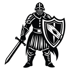 Obraz premium Medieval Knight Silhouette Vector with Sword and Shield, Knight in armor holding a sword and shield