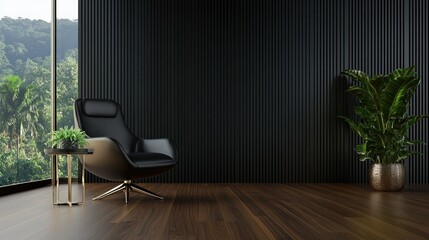 Modern interior design with a sleek chair and vibrant plant in a stylish, minimalist setting overlooking a lush landscape