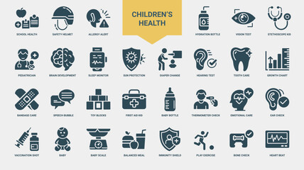childrens health well-being medical care healthy habits collection icons, baby first aid emotional bottle care thermometer