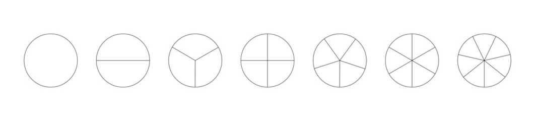 Circle division on from 1 to 7 equal parts. Round divided diagrams with from one to seven segments. Segmented pinwheel black icon. Infographic set. Coaching blanks. Outline graphics. Pizza, pie charts