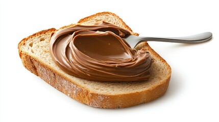 Deliciously spread chocolate hazelnut cream on a slice of toasted bread with a silver spoon ready for serving