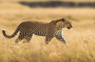 Fototapeta premium Majestic Leopard Walking Through Golden Savanna Grassland in Natural Habitat on a Sunny Day, Showcasing Its Unique Spot Patterns and Graceful Movement