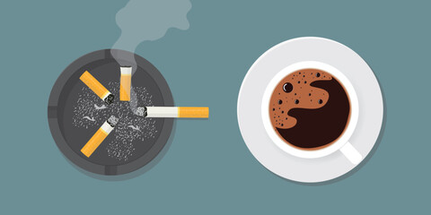 Coffee mug, ashtray with cigarette butts and cigarette on wooden table. Top view. Coffee break, timeout. Smoke break, tobacco and a drink on desk