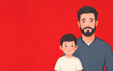 Cartoon illustration of a father and son posing together against a red background.
