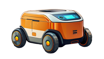 Naklejka premium Autonomous Delivery Robot, a small, self-driving delivery robot with wheels, a digital display, and a cargo compartment, isolated on transparent background.