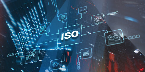 Quality standards ISO business technology concept on city background