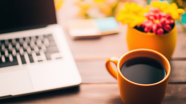 A warm cup of coffee sits beside an open laptop adorned with colorful flowers in a cozy, inviting workspace