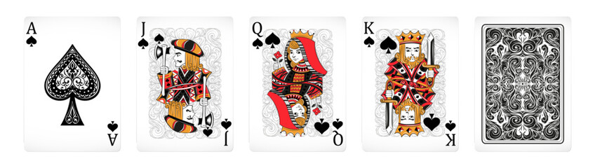 Fototapeta premium Elegant Spade Playing Cards with Back Design Vector Set