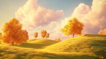 illustration of Summer Autumn fields landscape with a dawn, green grass hills, bright color blue sky, country background,banner resting vacation.