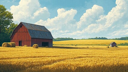 Scenic farm landscape featuring a red barn, golden wheat field, hay bales, and blue sky with fluffy clouds.