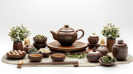 Elegant thai tea ceremony setup featuring traditional tea set arranged beautifully on a decoratively set table