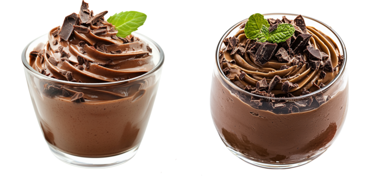Decadent chocolate mousse served in elegant glass cups, topped with mint leaves and chocolate shavings, perfect for dessert lovers. isolated on white background and transparent background