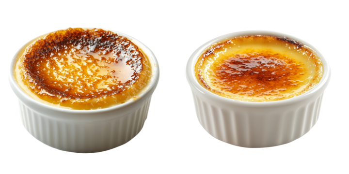 Two servings of creamy crème brûlée with caramelized tops, presented in white ramekins isolated on white background and transparent background