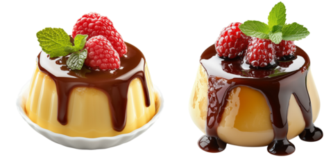 Delicious desserts featuring creamy panna cotta topped with chocolate and fresh raspberries, garnished with mint leaves. isolated on white background and transparent background