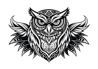 Tribal Owl Tattoo – Black and White Vector Illustration with Bold Tribal Patterns