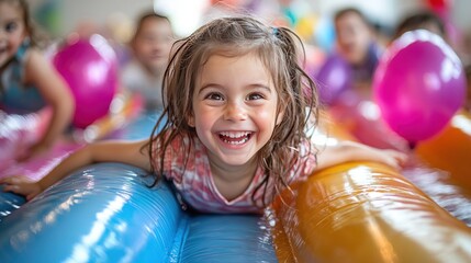 Toddler joyfully sliding inflatable playground
