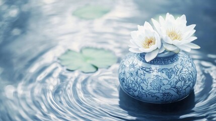 Traditional water jar with lotus flowers, soft blue and white tones, serene and elegant composition.