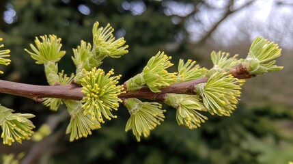 Stunning Spring Blossoms: A Close-Up of  Vibrant Yellow-Green Flowers on a Branch