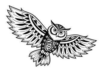 Tribal Owl Tattoo – Black and White Vector Illustration with Bold Tribal Patterns
