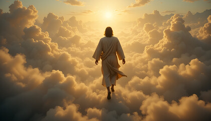 Stair way to heaven paradise with cloudy place, the Christ walks along a winding path towards a stunning sunset, sky is painted with warm hues, Jesus sunrise, Jesus preacher, art, artificial,ai, co