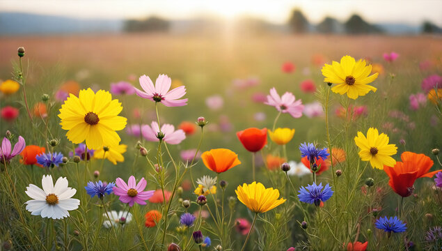 Colorful Wildflower Meadow in Full Bloom &ndash; Perfect for Nature, Seasonal, and Wellness Concepts