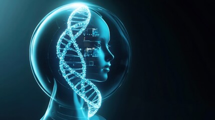 Futuristic holographic 3D rendering of DNA strand inside female cell nucleus, highlighting genetic material with cyber-medical aesthetic