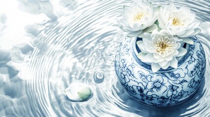 Traditional water jar with lotus flowers, soft blue and white tones, serene and elegant composition.