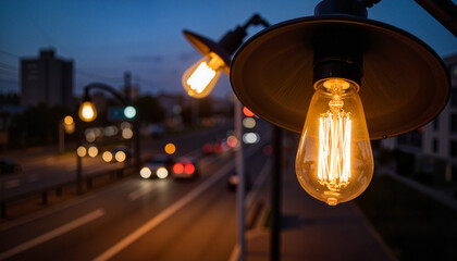 Glowing streetlight illuminating city road at dusk, urban charm