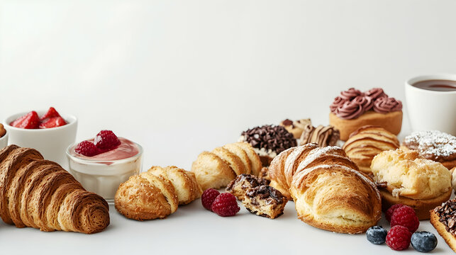 Delicious pastries and desserts on a white background for sweet indulgence and breakfast delight - Powered by Adobe