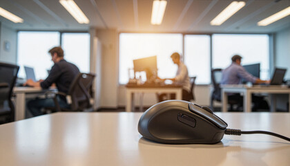 Ergonomic computer mouse on desk in tech office setting, essential tech