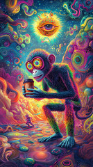 psychedelic monkey in a surreal fantasy landscape, vibrant digital painting with swirling colors, glowing abstract shapes, neon dreamlike jungle scenery, cosmic and visionary artistic illustration