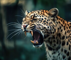 Fototapeta premium Majestic leopard with fierce expression showing sharp teeth in natural habitat, highlighting strength and beauty of this powerful wild feline predator