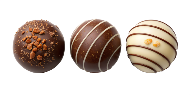 Assorted Gourmet Chocolate Truffles in Three Different Styles on White - Premium Chocolate, Gourmet Treats, Sweet Delights, Cut Out