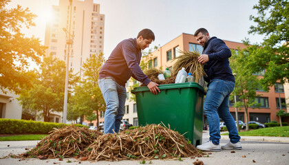 Two men composting urban waste at sunny drop-off site, sustainability