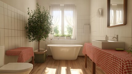 Minimal bathroom interior with red walls with white bathtub and sink with vertical mirror standing in stylish bathroom in apartment with panoramic window on city view,3D rendering.