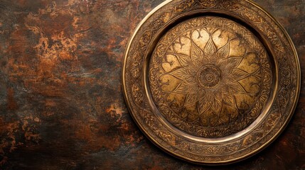 Obraz premium Ornate golden plate featuring intricate patterns with textured background