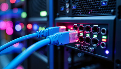 Fototapeta premium High-speed data cables connecting servers in tech hub, network solutions