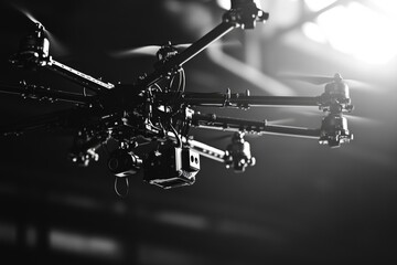 A black and white photo of a camera and a drone, often used in tech or innovation settings