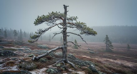 Obraz premium Solitary Pine Tree Standing on Rocky Hillside in Foggy Weather