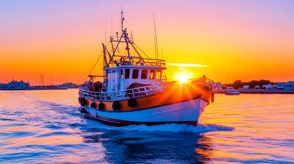 Fishing boat sunset harbor, vibrant colors, calm sea