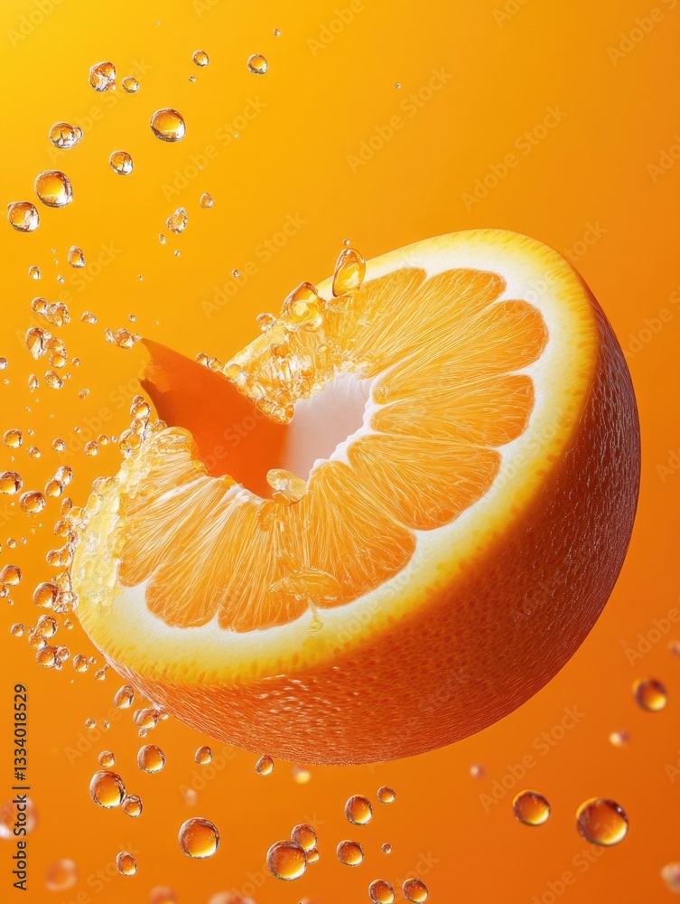Poster an orange being released into the water, creating a trail of bubbles