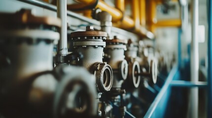 Obraz premium An old ship engine room with rusting pistons, gears, and leaking pipes