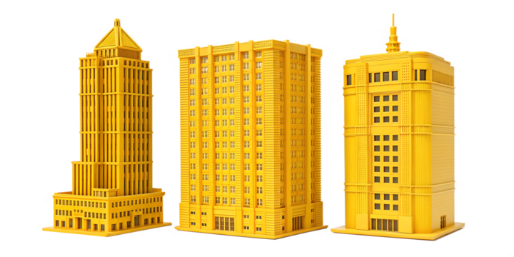 Three Different Style 3D Yellow Building on White - Modern Architecture, 3D Design, Yellow Building Model, Cut Out