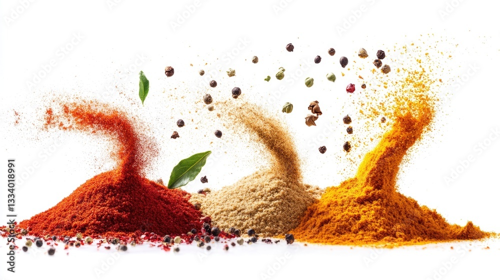Poster a group of various spices arranged on a white background