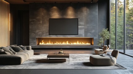 Modern Luxury Living Room with Fireplace and Forest View