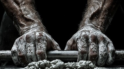 Powdered Hands Firmly Gripping A Barbell Against A Black Background