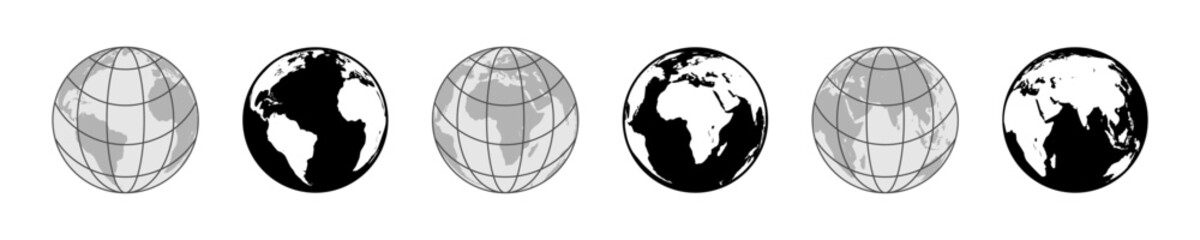 Minimalist Globe Icon Set in Black and Gray Vector Set